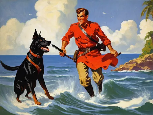 dobermann,schutzhund,boy and dog,english toy terrier,austrian pinscher,hanover hound,angola,bruno jura hound,admiral von tromp,doberman,german pinscher,great dane,german shepards,red army rifleman,colonel,transylvanian hound,postman,schnauzer,polish hound,malinois,Illustration,Retro,Retro 02