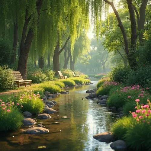 Riverbank designs, harmony with nature, serene atmosphere, lush greenery, vibrant wildflowers, weeping willows, gentle stream, calm water reflection, wooden benches, natural stone pathways, tranquil a