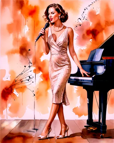 jazz singer,blues and jazz singer,hayworth,singer,contralto,billie holiday,callas,chanteuse,fiordiligi,songstress,gildersleeve,watercolor pin up,ann margarett-hollywood,marilyns,ester williams-hollywood,operatic,carrie,marilynne,crooning,concerto,Illustration,Paper based,Paper Based 24