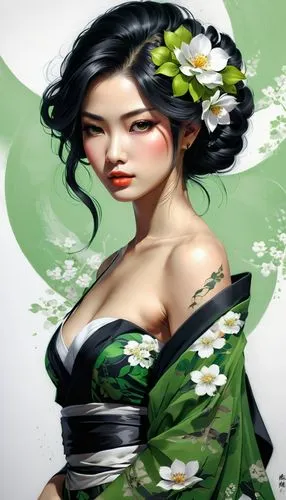 jasmine blossom,cheongsam,geisha girl,flower painting,geisha,white blossom,background ivy,soju,japanese floral background,xiaofei,daiyu,linden blossom,jasmine flower,plum blossom,floral japanese,flora,diaochan,qingtian,chryste,yangmei,Conceptual Art,Fantasy,Fantasy 03