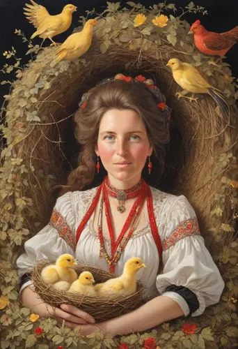 girl with bread-and-butter,woman holding pie,hen,lughnasadh,cornucopia,portrait of a hen