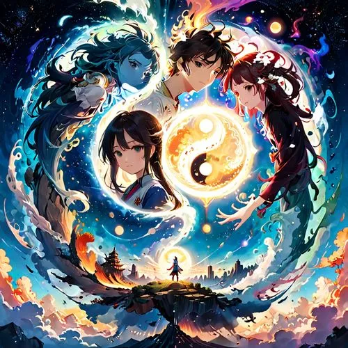 the three magi,summoners,earthsea,demigods,sun and moon,alchemists,hoenn,fire and water,elements,the endless sea,dragon fire,five elements,the moon and the stars,whirlwinds,stars and moon,yamatai,moon and star,navigators,celestial event,sirens,Anime,Anime,Traditional