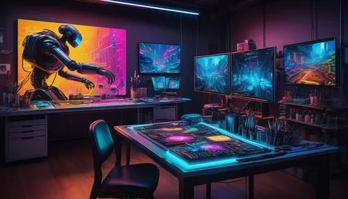 AI generated art, futuristic digital painting, vibrant neon colors, glowing circuits, robotic arms holding brushes, metallic body with screens displaying artwork, virtual reality headset, futuristic l