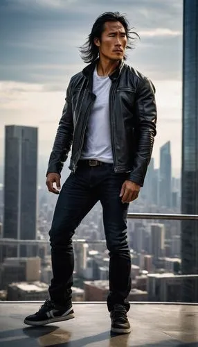 Jimmy Chin, muscular man, 30s, rugged beard, messy hair, strong facial features, athletic build, casual wear, black leather jacket, white shirt, dark jeans, sneakers, confident pose, standing, modern 