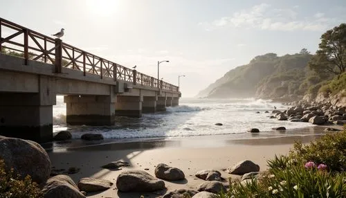 Weathered steel bridges, rusty metal accents, driftwood-inspired railings, ocean-battered concrete piers, rough-hewn stone abutments, sea-salt-eroded surfaces, misty atmospheric effects, soft warm lig