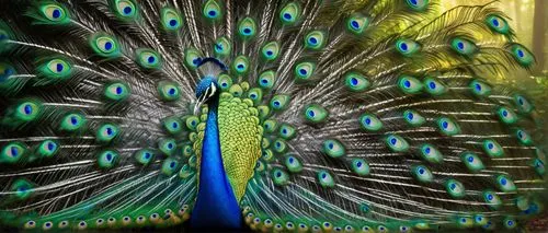 Humanoid peacock, standing proudly, vibrant blue and green feathers, intricate eye patterns, slender neck, majestic head crest, delicate fingers, toes, human-like legs, shimmering iridescent tail, pos