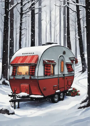 Describe a cozy buffalo plaid caravan in a snowy forest.,christmas travel trailer,christmas caravan,buffalo plaid caravan,travel trailer poster,travel trailer,small camper,camper van isolated,snowhote