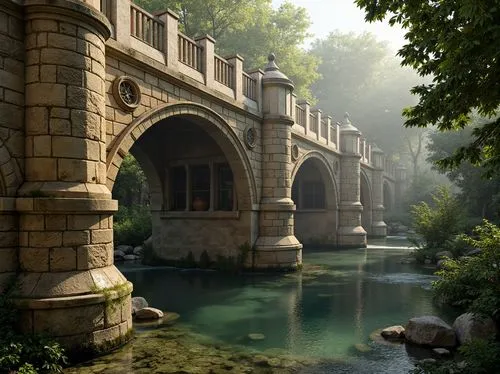 Rustic stone bridges, medieval arches, robust pillars, ornate carvings, intricate stonework, weathered coping stones, moss-covered walls, serene riverbanks, lush greenery, warm sunlight, soft misty at