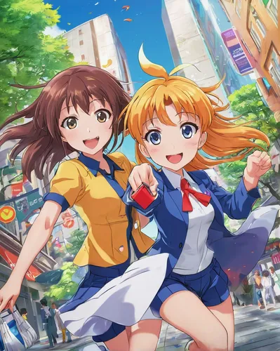 citrus,haruhi suzumiya sos brigade,honolulu,hand in hand,two girls,naginatajutsu,love live,spring background,sakura background,anime japanese clothing,hands holding,cheering,honoka,tokyo ¡¡,tsumugi kotobuki k-on,shibuya,yellow orange,japanese sakura background,together and happy,euphonium,Illustration,Japanese style,Japanese Style 03