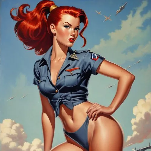 World war 2 insignia style, painted on bare sheet metal, A young woman, beautiful, red hair, ponytail, freckles, seductively clad, alluring, inspiration, victory ,retro pin up girl,retro pin up girls,