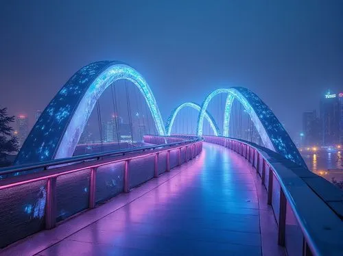 Futuristic pedestrian bridge, blobitecture style, winding curved shape, iridescent glowing material, neon lights embedded in structure, soft blue and purple hues, misty fog surrounding, urban cityscap