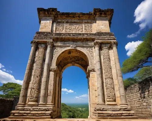 Architectural trip, solo male tourist, 30s, casual wear, backpack, sunglasses, exploring, ancient ruins, stone columns, intricate carvings, grandiose entrance, vibrant blue sky, few white clouds, warm