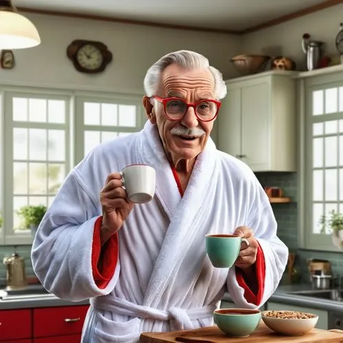 A whimsical, hyper-realistic image of a cute old grandpa dressed like a bathrobe in the 1950's kitchen, wearing oversized red rimmed glasses. In the background a 25yo handsome, woman in lingerie, maki