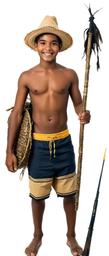 Rayito, PNG, tribal boy, solo, (12yo), dark skin, messy black hair, bright smile, colorful tattoos on face and arms, traditional clothing, woven basket hat, holding a fishing spear, standing on one le