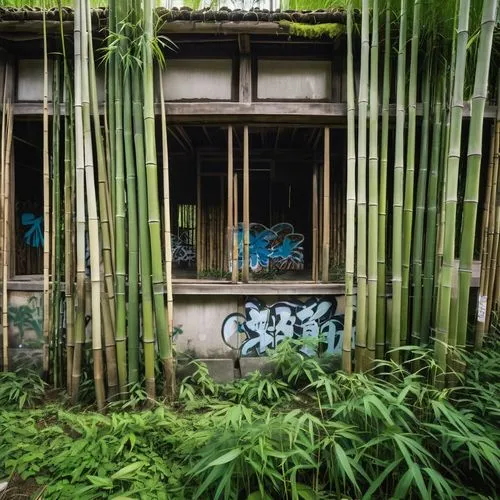 edificio en ruinas en medio de un bosque de cañas de bambú estilo japonés con un grafiti en la fachada, cañas muy altas y luz de mediodia,bamboo stalks are growing in front of an abandoned building,ba