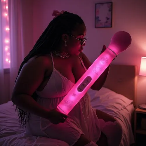 a woman sitting on a bed with a pink light in her hand,glowsticks,joi,massagers,lightsaber,lava lamp,pvc