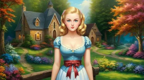 Beautiful kistch oil painting, cute girl, majestic outdoor landscape scenery, by Thomas Kinkade, by Bob Ross,fairy tale character,dorthy,alice in wonderland,storybook character,fairytale characters,gr