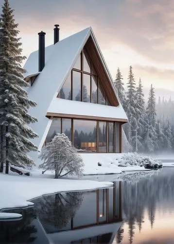 winter house,the cabin in the mountains,house in mountains,house in the mountains,house with lake,snowy landscape,winter landscape,beautiful home,snow landscape,snow house,christmas landscape,snow roof,snohetta,winter background,home landscape,winter lake,chalet,inverted cottage,dreamhouse,house by the water,Illustration,Realistic Fantasy,Realistic Fantasy 45