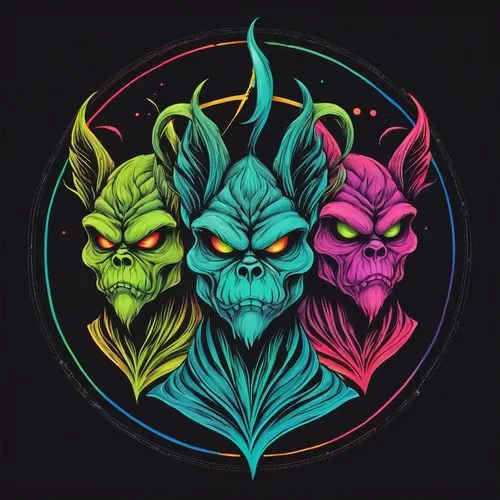 grim grinch with four heads, symmetrical composition, pencil drawing, dark moon. strong contrast between light and shadow, circular shapes, Apocalypsecore; RAINBOW colors
,golias,warcraft,skrulls,quin