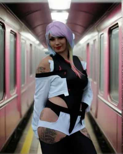 Dark subway, some LED lights on the walls, dark pink train passing by, fog, 4k, quality,rockabella,korea subway,harajuku,flxible metro,city trans,cosplay image,jr train,tiber riven,amtrak,metro,south 