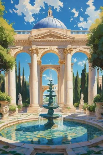 fountain,neoclassicism,palladianism,paradisus,fountain pond,secret garden of venus,fountains,neoclassical,fountain of friendship of peoples,oasis,arcadia,fountain of neptune,symphonia,pergola,landscape background,vittoriano,marble palace,decorative fountains,pillars,crescent spring,Conceptual Art,Daily,Daily 31