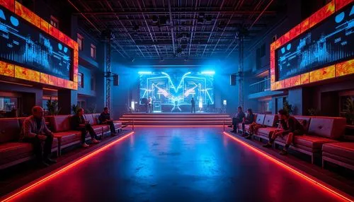 Vibrant music venue, bold color scheme, neon lights, dark accents, metallic surfaces, futuristic architecture, sleek lines, minimalist design, stage lighting, concert atmosphere, live performances, au