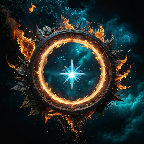 Circulo magico de una Estrella de siete puntas envuelta en un circulo. Dentro de cada punta un simbolo de magia elemental de fuego, agua, aire, rayo, luz, oscuridad, naturaleza. ,circular star shield,