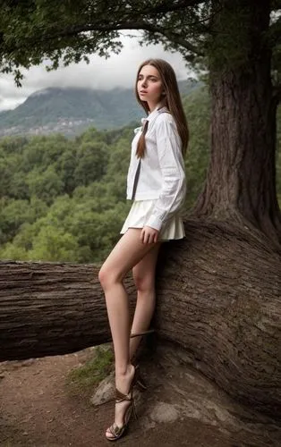 photography full body of a beautiful caucasian girl 17 years old brown hair, wearing a white blouse and colorful miniskirt stand up in a hillock looking to the horizon in a forest whit mountains, rive