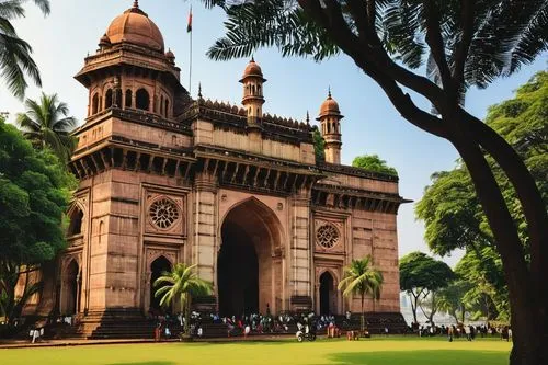 British colonial style building, India, Mumbai, old Bombay, Gateway of India, Indo-Saracenic architectural style, intricate stone carvings, ornate decorations, grand entrance, tall pillars, red brick 