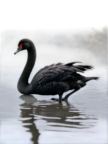 Beautiful black swan, solo, water reflection, long neck, white beak, shining eyes, fluffy feathers, delicate legs, webbed feet, rippling water, morning mist, soft lighting, cinematic composition, 3/4 