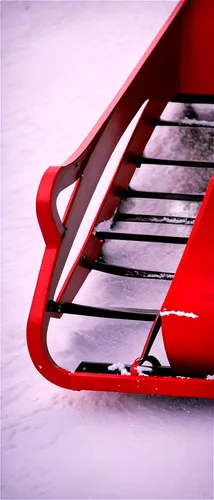 winter scene, snow sled, red wooden sled, silver metal runners, curved shape, festive holly decorations, white snowy background, morning sunlight, soft focus, cinematic composition, warm color tone, s