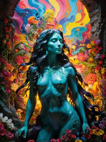 a  woman sitting on a large colorfully painted window,neon body painting,bodypainting,bodypaint,promethea,body painting,sirena,Illustration,Realistic Fantasy,Realistic Fantasy 25