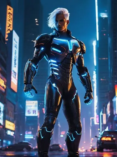 Futuristic techmanic, robotic figure, metallic body, glowing blue circuits, neon lights, LED eyes, silver hair, muscular arms, chest plate, high-tech gloves, black leather jacket, torn jeans, heavy bo