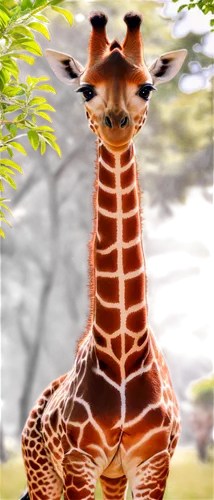 Giraffe, standing, solo, African savanna, sunny day, long neck, brown fur, white patches, big eyes, eyelashes, smiling face, ears flapping, eating leaves, acacia tree branches, warm light, shallow dep