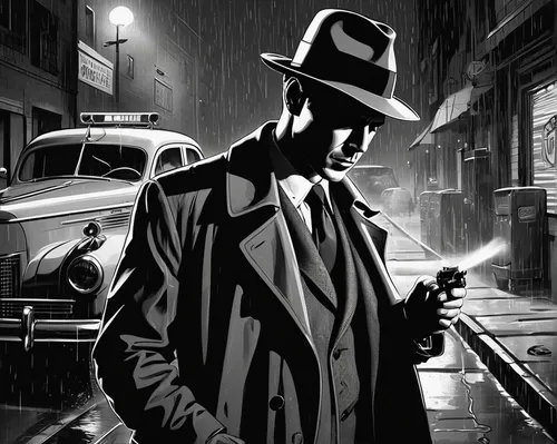 film noir,detective,private investigator,investigator,black city,secret agent,inspector,smoking man,smooth criminal,spy visual,al capone,mobster,mafia,robber,blind alley,riddler,overcoat,man with umbrella,holmes,crime,Illustration,Black and White,Black and White 05