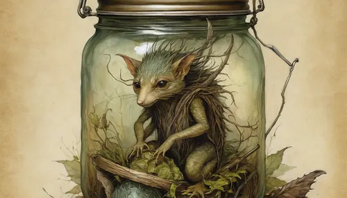 splinter,empty jar,apothecary,glass jar,faery,jar,manson jar,mason jar,honey jar,candlemaker,dryad,virginia opossum,canning,dormouse,goatflower,jars,moonshine,grasshopper mouse,opossum,faerie,Illustration,Realistic Fantasy,Realistic Fantasy 14