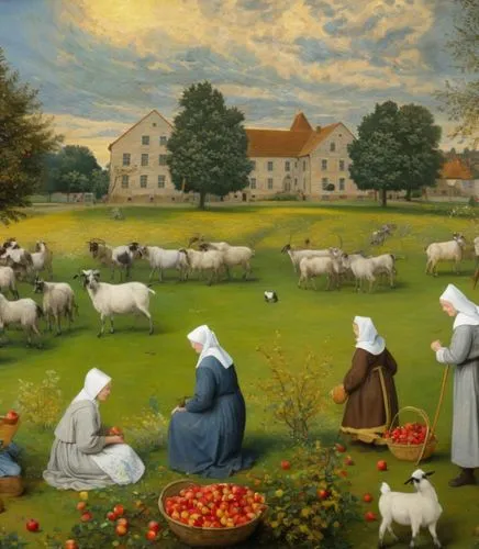 pastoral,sedlacek,church painting,shepherdesses,agricultural scene,nuns