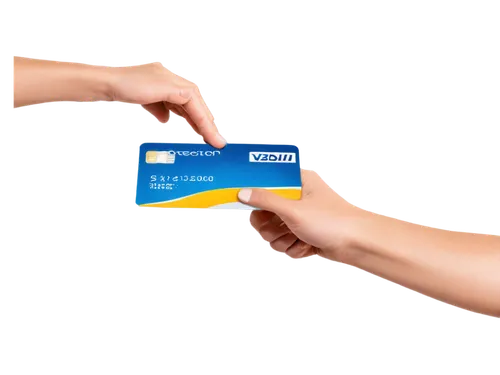 Credit card user, hand holding card, thumb on top, fingers wrapped around, gentle grip, swipe motion, arm extended, white background, soft focus, shallow depth of field, natural light, 3/4 composition