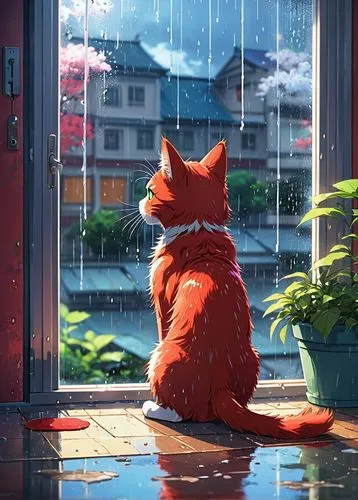 fox in the rain,rainy day,rainy,rain cats and dogs,after the rain,after rain,in the rain,rain,rainy season,rainstorm,rain shower,heavy rain,rainy weather,the sun and the rain,after the storm,golden rain,red cat,walking in the rain,raining,raincoat,Illustration,Japanese style,Japanese Style 03