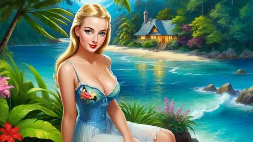 Romantic masterpiece oil painting, cute girl portrait, nostalgic 1950's style kitsch, vibrant rainforest landscape, lush tropical jungle paradise, summer beach cottage scenery, by Thomas Kinkade, by B