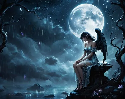 dark angel,selene,demoness,fantasy picture,albedo,blue moon,fallen angel,moonchild,black angel,moonlit night,moonsorrow,nocturnal bird,faerie,angel's tears,fantasy art,queen of the night,hekate,nocturnals,nightshade,angel of death,Conceptual Art,Fantasy,Fantasy 34