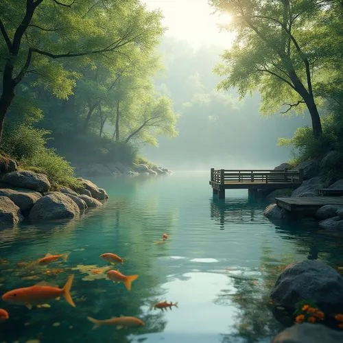 Tranquil lake, gentle ripples, lush greenery, natural stone edges, wooden docks, serene water reflections, soft misty atmosphere, warm sunlight filtering through trees, vibrant aquatic plants, colorfu