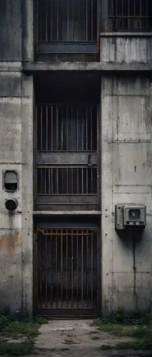 Modern prison, brutalist architecture, concrete walls, iron bars, solitary confinement cell, dimly lit corridors, narrow windows, steel doors, surveillance cameras, uniformed guards, restricted freedo