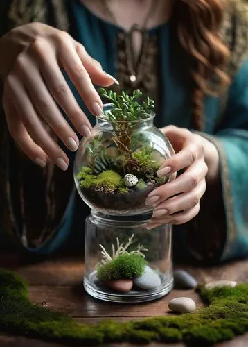 Hands, delicate fingers, intricate veins, soft skin, gentle grasp, holding a small terrarium, transparent glass container, tiny plants, moss, pebbles, misty atmosphere, warm lighting, close-up shot, s