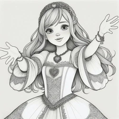 Accessibilité: partiellement conforme
The image features a black and white line drawing of a young girl with long hair, wearing a princess dress adorned with intricate patterns and a heart-shaped broo