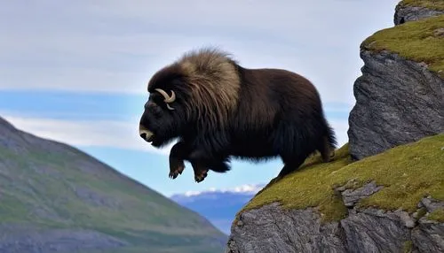 muskox,yak,baby yak,mountain goat,yak cub,mountain cow,bison,buffalo,feral goat,buffalo herder,mountain sheep,alpine marmot,mountaineering,black-brown mountain sheep,baboon,marmot,hoary marmot,mountain climbing,talahi,mountaineer,Illustration,Paper based,Paper Based 14