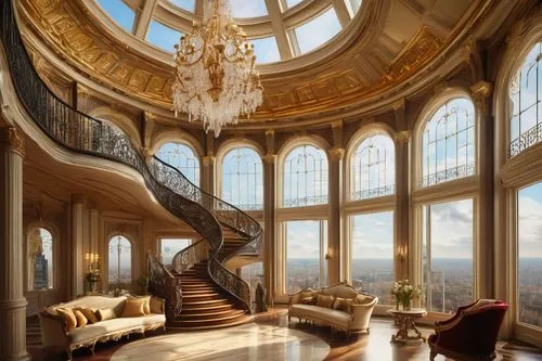 ornate room,circular staircase,luxury home interior,staircase,winding staircase,palatial,palladianism,cochere,marble palace,spiral staircase,opulently,grandeur,luxury property,dreamhouse,neoclassical,outside staircase,mansion,opulent,opulence,penthouses,Illustration,Abstract Fantasy,Abstract Fantasy 15