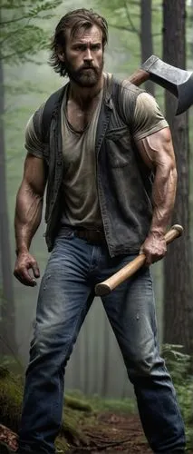 Muscular man, stooping posture, messy brown hair, rugged beard, worn-out denim jeans, black leather belt, scuffed up combat boots, holding a large wooden axe, sweat dripping down forehead, intense gaz