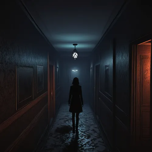 penumbra,hallway,girl walking away,a dark room,live escape game,nightlight,creepy doorway,ghost girl,asylum,3d render,eerie,passage,echo,the threshold of the house,ominous,abduction,haunt,haunted,in the dark,corridor,Illustration,Black and White,Black and White 12