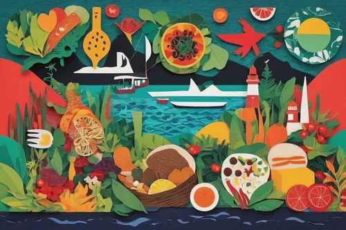 Describe the vibrant food and local cuisine of Faial in detail.,food collage,vegetables landscape,fruits and vegetables,fruits icons,fruit icons,cooking book cover,food table,vegetable field,cornucopi